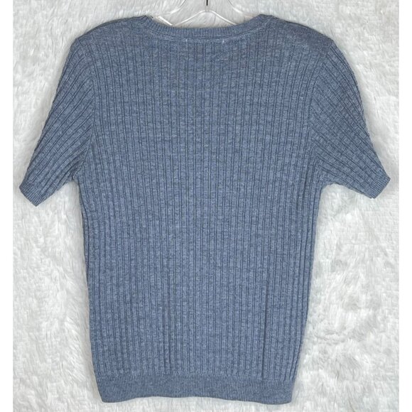 Alfred Dunner Petite Medium Short Sleeve Light Blue Knit Sweater Shoulder Pads - Picture 7 of 8